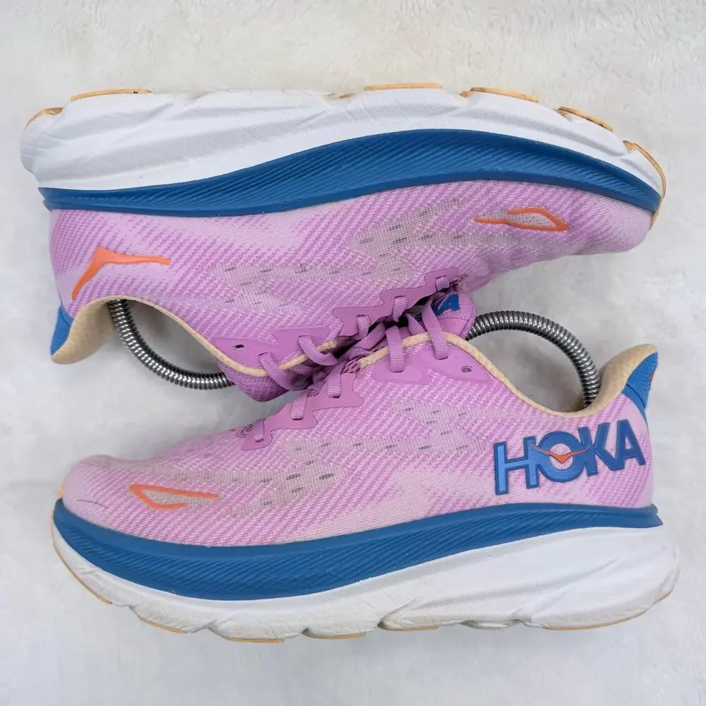 HOKA Clifton 9 Womens Running Shoes Pink Blue Size 8.5 Athletic Sneakers Shoe
